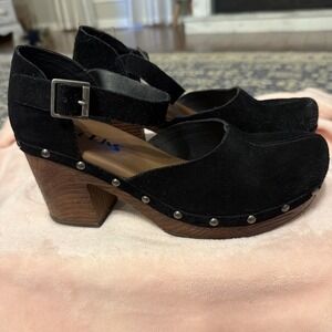 Korks Lapra Strap Studded Platform Heeled Clogs Black Suede Women's 6.5